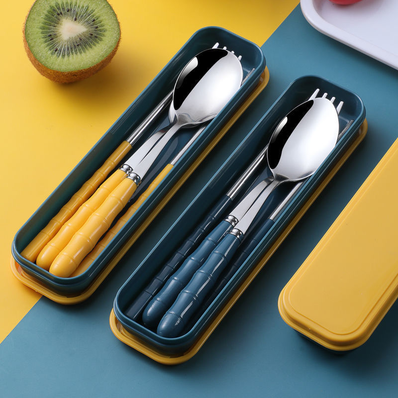 [Over 30,000 sold] Three pieces of stainless steel 304 portable tableware, chopsticks, spoons, forks, single person eating spoons for pinic, children, primary and secondary school students