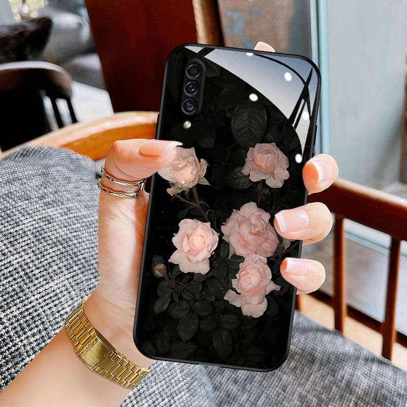 Samsung and OPPO User, Phone case new internet famous glass ultra-thin full edge protective case pleated rose