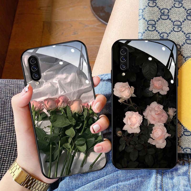 Samsung and OPPO User, Phone case new internet famous glass ultra-thin full edge protective case pleated rose