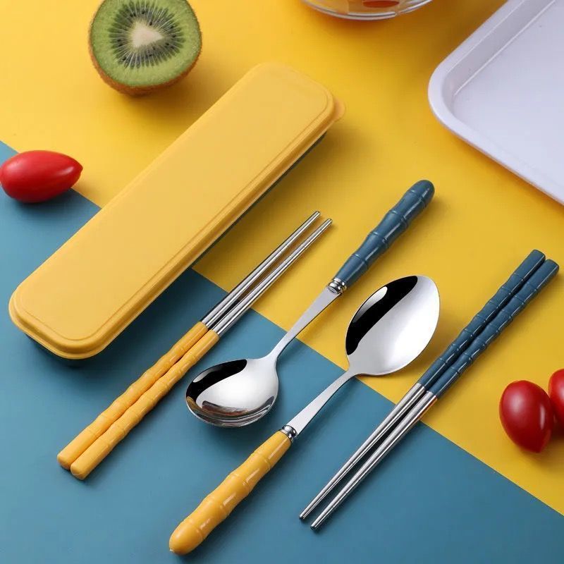 [Over 30,000 sold] Three pieces of stainless steel 304 portable tableware, chopsticks, spoons, forks, single person eating spoons for pinic, children, primary and secondary school students