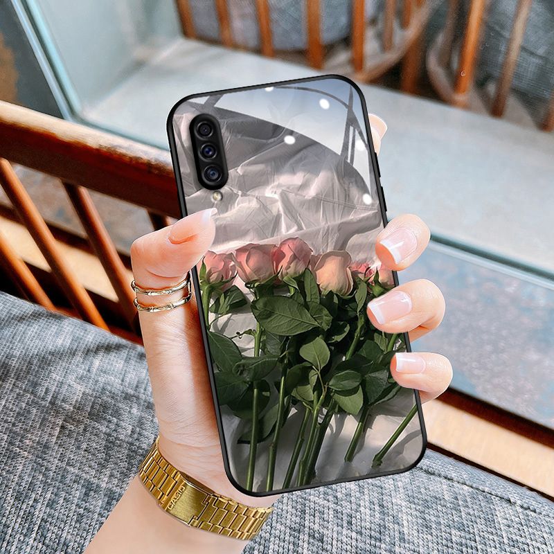 Samsung and OPPO User, Phone case new internet famous glass ultra-thin full edge protective case pleated rose