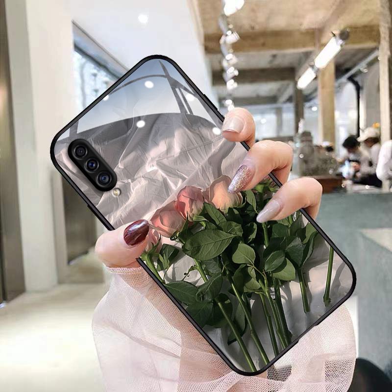 Samsung and OPPO User, Phone case new internet famous glass ultra-thin full edge protective case pleated rose