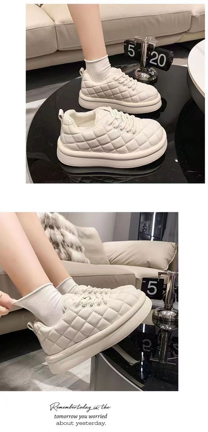 [Over 17,000 sold] Cotton shoes for women in winter, high-end plush insulation, thick diamond grid anti slip sponge cake, thick sole, oil resistant bread, student white shoes