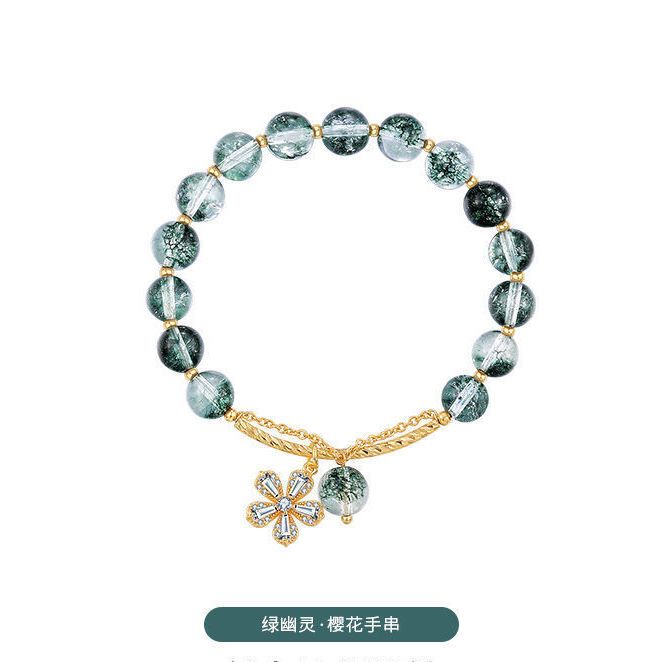 Cherry Blossom Green Ghost Bracelet Female Ins Niche Design New Transfer Crystal Bracelet Beads Birthday Gift for Girlfriends, One price Two bends