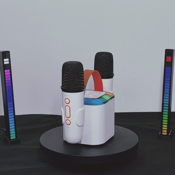 Karaoke Speaker with Four distinctive RGB lighting modes and dual Microphone Clamps and provides four magic sound effects Perfect for Indoor and Outdoor Karaoke Parties for Gifts